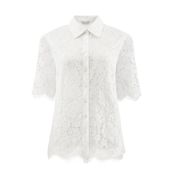 DARING DIVA Women's Lace Shirt Work Mesh Sheer Floral Business Casual Top S White