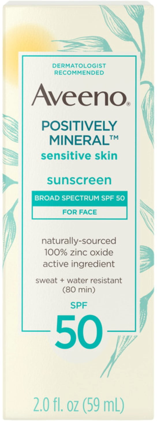 Aveeno Positively Mineral Sensitive Skin Daily Sunscreen Lotion for Face, Broad Spectrum SPF 50 Facial Sunscree (Pack of 2)