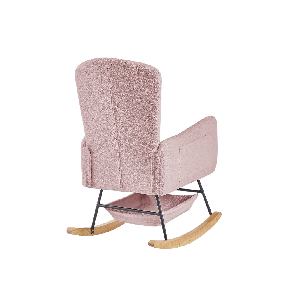Pink Teddy Fleece Rocking Chair, Upholstered Nursery Glider with High Back, Metal & Wood Frame