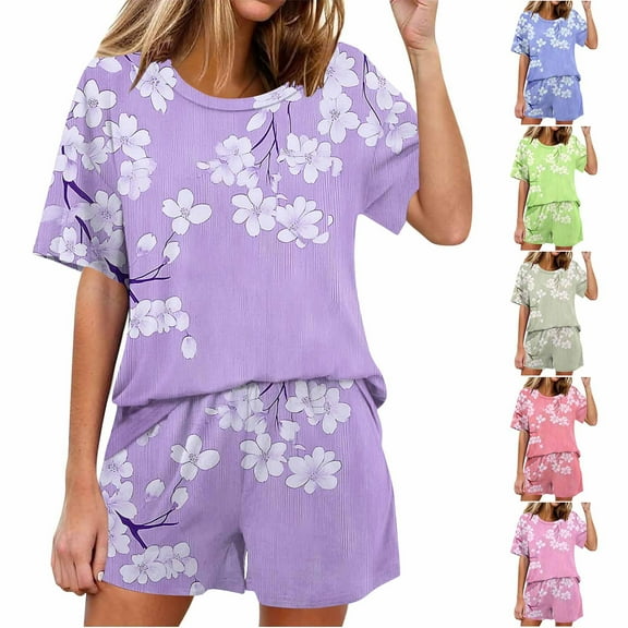The Big Save of The Day kttectoa Casual Loungewear Sports Outfits Womens Summer Outfits Floral Print Round Neck Short Sleeve Elastic Waist Shorts Sets for Women Anniversary
