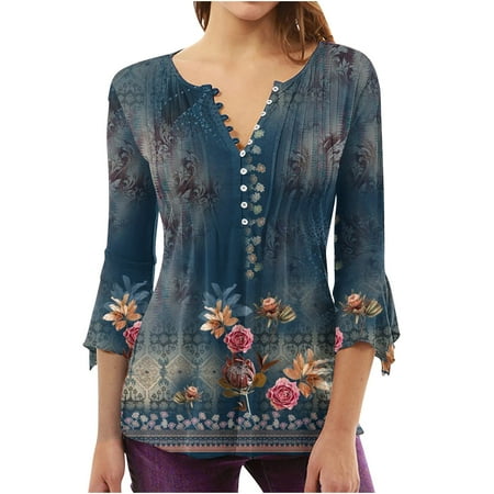 

AIEOTT Tops for Women Summer Clearance Womens Blouses Women s Trumpet 3/4 Sleeve Print Buttoned Basic Ruched Corset Tunic Tops Pleated T-shirts Blouses Fashion Casual Womens Tshirts Christmas Gift