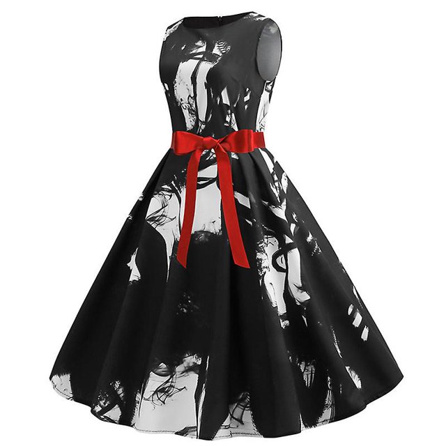 Vestido sin mangas estampado Rockabilly Hepburn para mujer, vestidos de patinadora de fiesta de noche