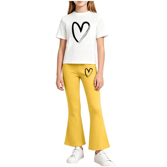 Juorvia Girls 2 Piece Outfits Summer Loose Fitted Crew Neck T-Shirts Micro Flare Elastic Waist Pants(2-3 Years,Yellow1)