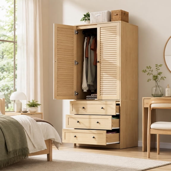 70" Wardrobe Armoire Wooden Closet with 2 Doors and 3 Drawers, Oak, Bedroom Armoire with Hanging Rod Shelf, Large Capacity Storage Wardrobe Armoire