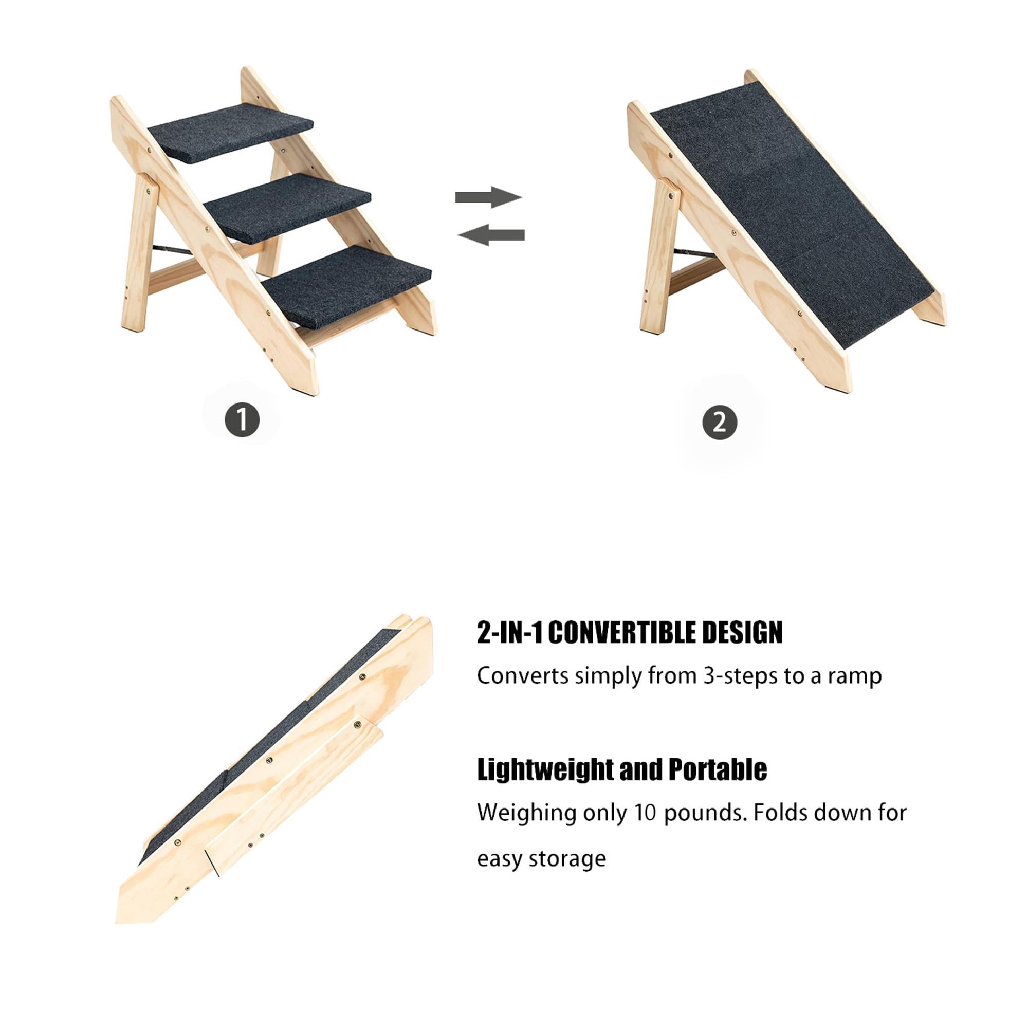 Pefilos Wood Pet Steps, Foldable 3 Steps Dog Stairs and Ramp Perfect for Beds and Cars, Portable Dog/Cat Ladder Up to 110 Pounds, Beige