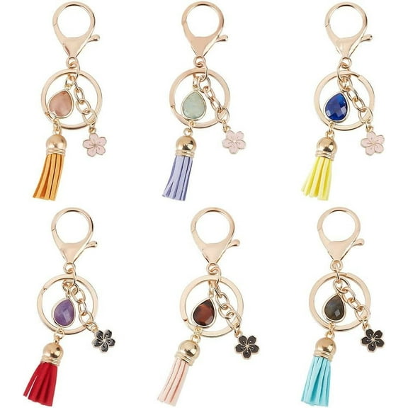 1Box 5Pcs 5 Styles Natural Gemstone Nuggets Bead Tassel Pendant Keychain Alloy Enamel Flower Charm Key Rings for Men Women Golden 10.4cm 1pc/style
