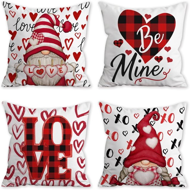 Housses de Coussin de la Saint-Valentin, Décorations de la Saint-Valentin Housses de Coussin d'Intérieur 16x16 Ensemble de 4 Gnomes à Carreaux Buffalo Rouges, Housses de Coussin Décoratives de la Saint-Valentin pour Canapé Sofa Salon Extérieur