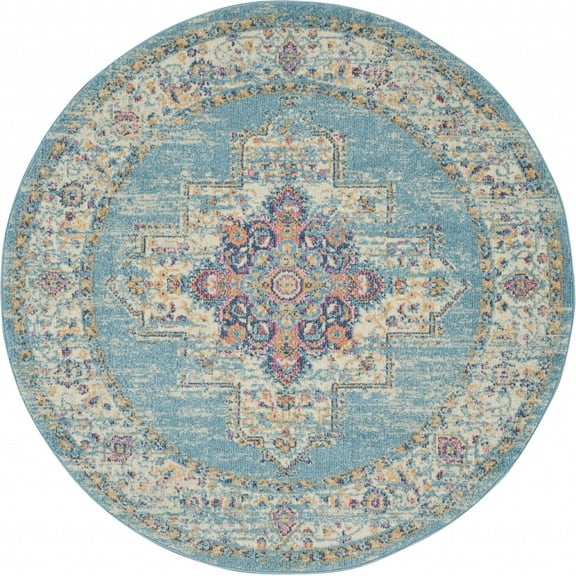 4â€™ Round Light Blue Distressed Medallion Area Rug
