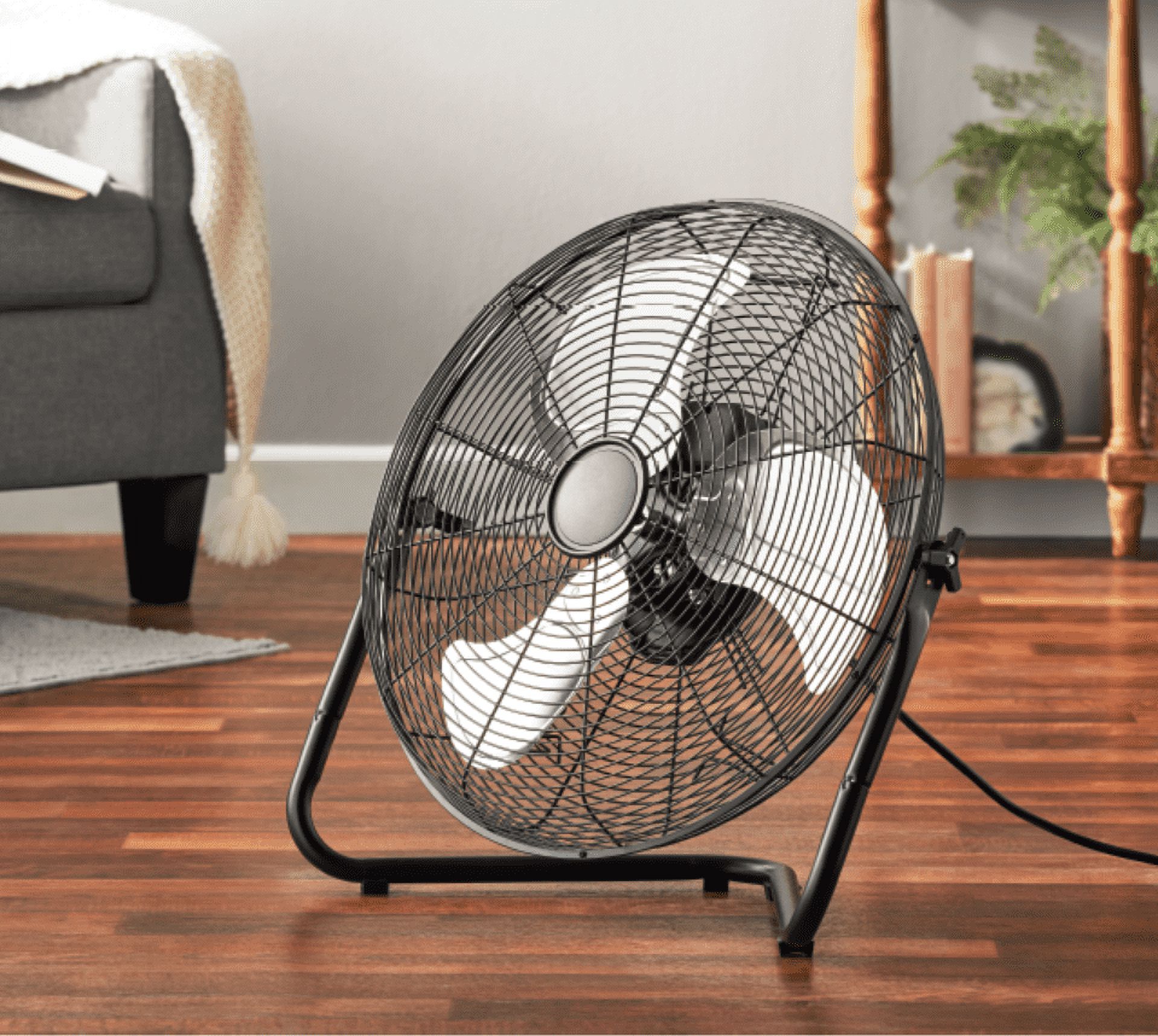 MAINSTAYS 20″ 3-SPEED HIGH VELOCITY TILTABLE BLACK STEEL FLOOR FAN