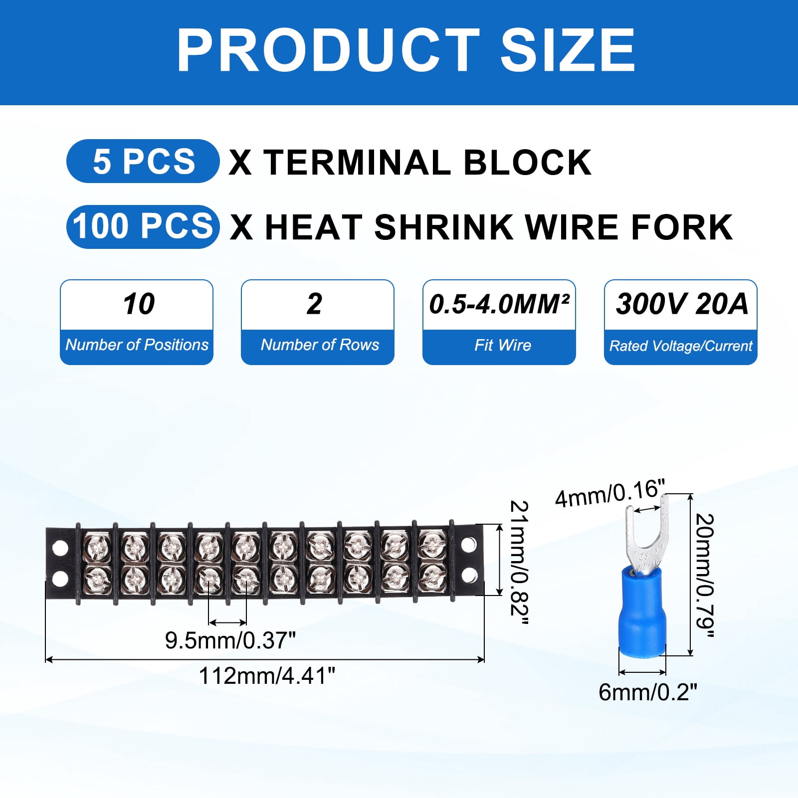 Uxcell 5Pcs Terminal Block 300V 20A Dual Rows 10P Terminals Barrier PA66 with 100Pcs 16A Heat Shrink Wire Fork Connector