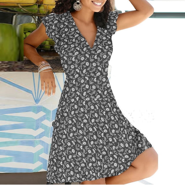Robe Femme Liquidation Été Col en V Imprimé Fleuri Manches Courtes Fermeture Éclair Robe Pull Noir TTG