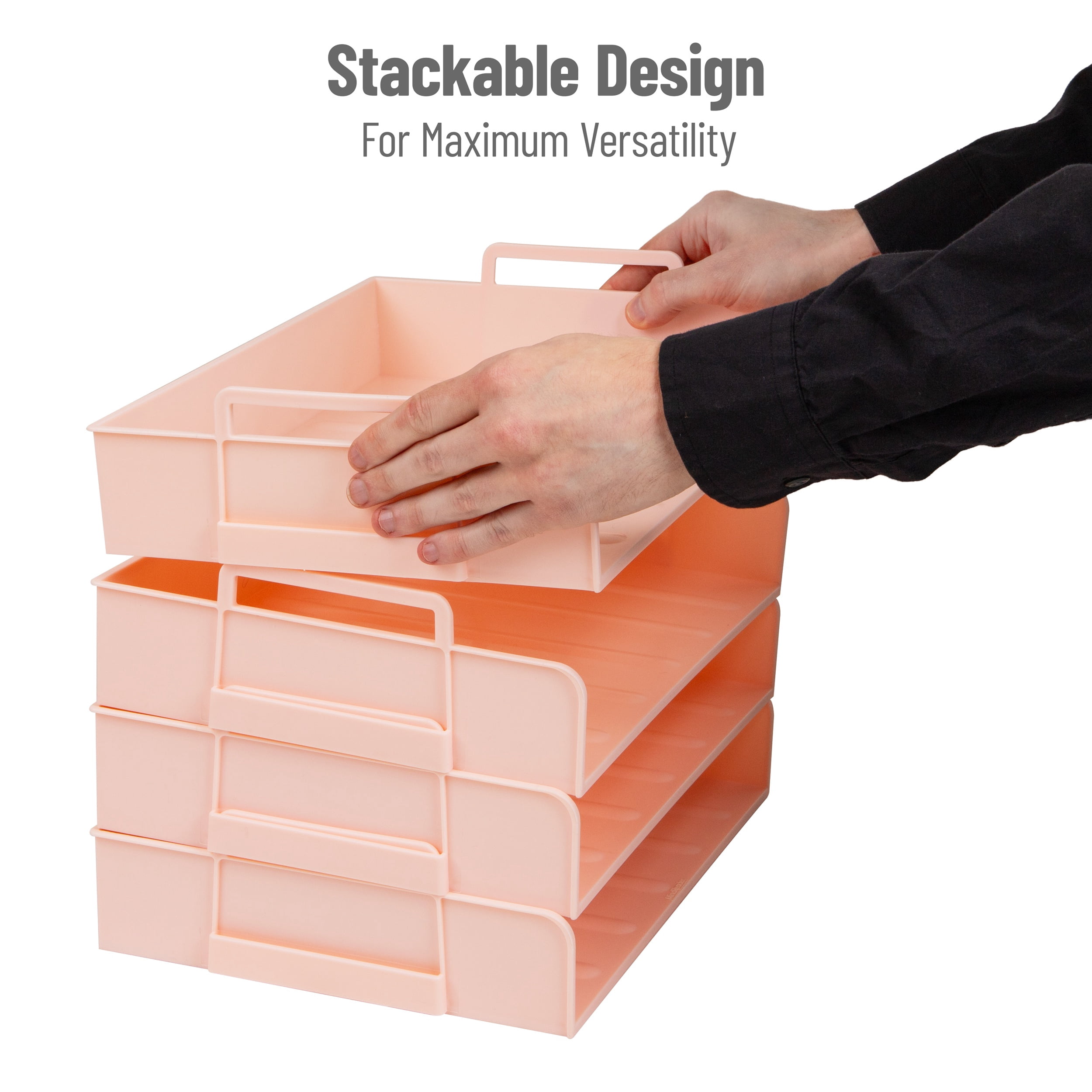 Mind Reader Stackable Paper Tray, Desktop Organizer, File Storage, Office, Plastic, 13.75"L x 10"W x 10.75"H, 4 Pcs., Pink