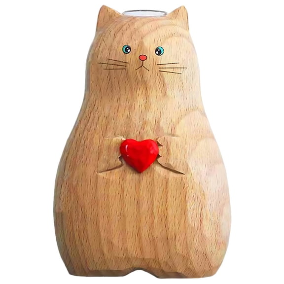Mozhitti Cat Vase Handmade Wooden Vase Home Decor Small Vases Solid Wood Cat Statue Holding Heart Shaped Modern Cat Decor