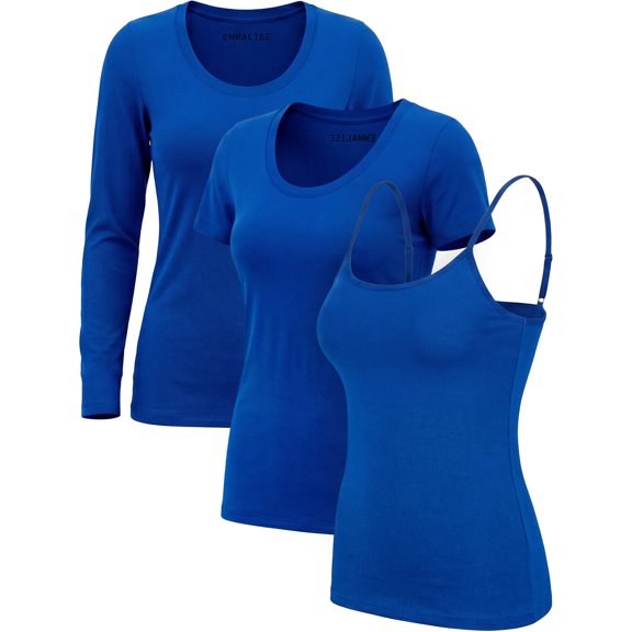Emmalise Women’s 3-Piece Top Set: Cami, Short & Long Sleeve Scoop Neck Solid Royal 3-Piece Set-M