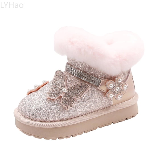 LYHao Girls Winter Boots Durable Lined Floral Bowknot Pearl Rhinestone Design Warm Shoes For Kids Ages 4 12 ,Girls Boots Sizes 10.5 Red(4-4.5 Years)