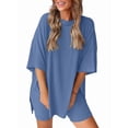 thumbnail image 2 of Women's two-piece casual suit summer casual loose shirt cycling shorts match airport travel wear Blue L, 2 of 7