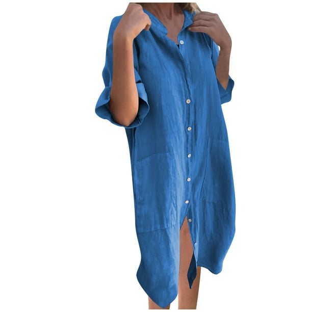 Puntoco Vestido De Manga Corta Con Cuello En V, Vestido Camisero De Manga Corta Con Cuello En V Y Bolsillo Con Botones De Color Liso Para Mujer Azul Xxxl