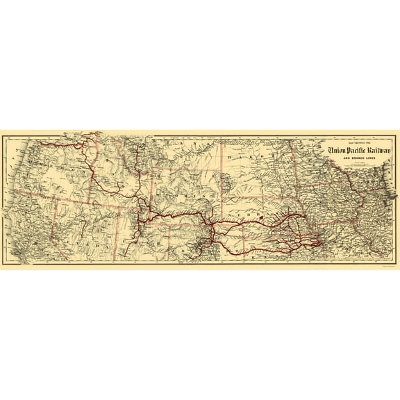 Railroad Map - Union Pacific Railway - Colton 1888 - 23 x 65.43 - Vintage Wall Art