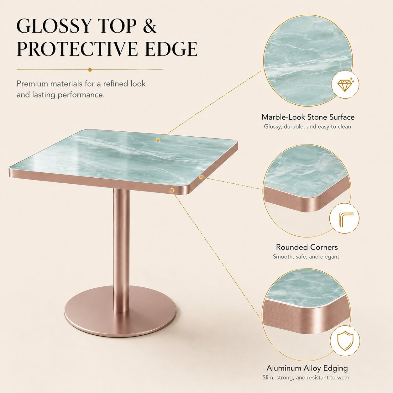 Aukfa 31.5" Square Dining Table for 2-4, Marble-Look Sintered Stone Top, Rose Gold Pedestal Base, Small Spaces,Emerald Green