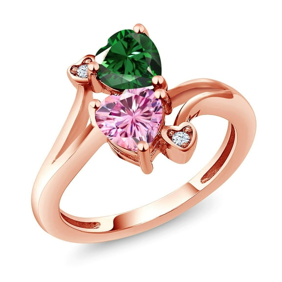 Gem Stone King 18K Rose Gold Plated Silver Green Nano Emerald Pink Moissanite Ring for Women (1.53 Cttw, Heart Shape 6MM, Gemstone May Birthstone, Size 6)
