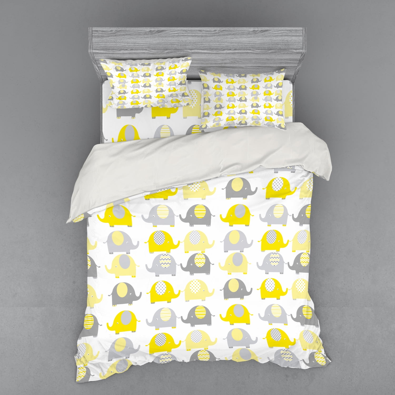 Nursery Duvet Cover Set, Yellow and Grey Elephant Cartoon Animals with