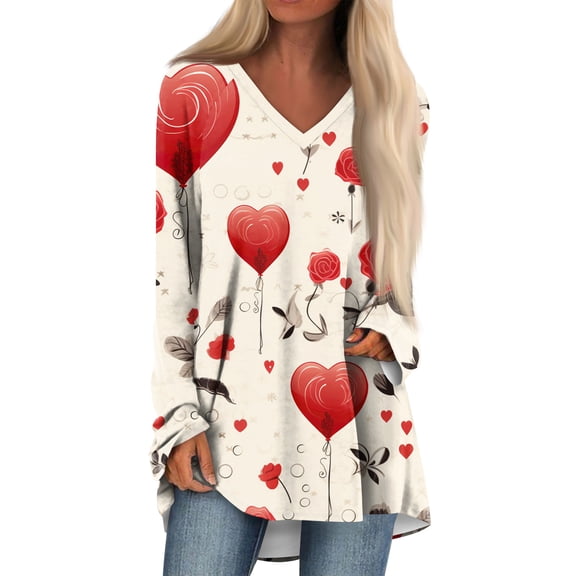 Dwralegc Womens Valentine Tops Long Sleeve Funny V Neck Cute Tops Spring Casual T Shirts Heart Graphic Tshirts Beige 2XL