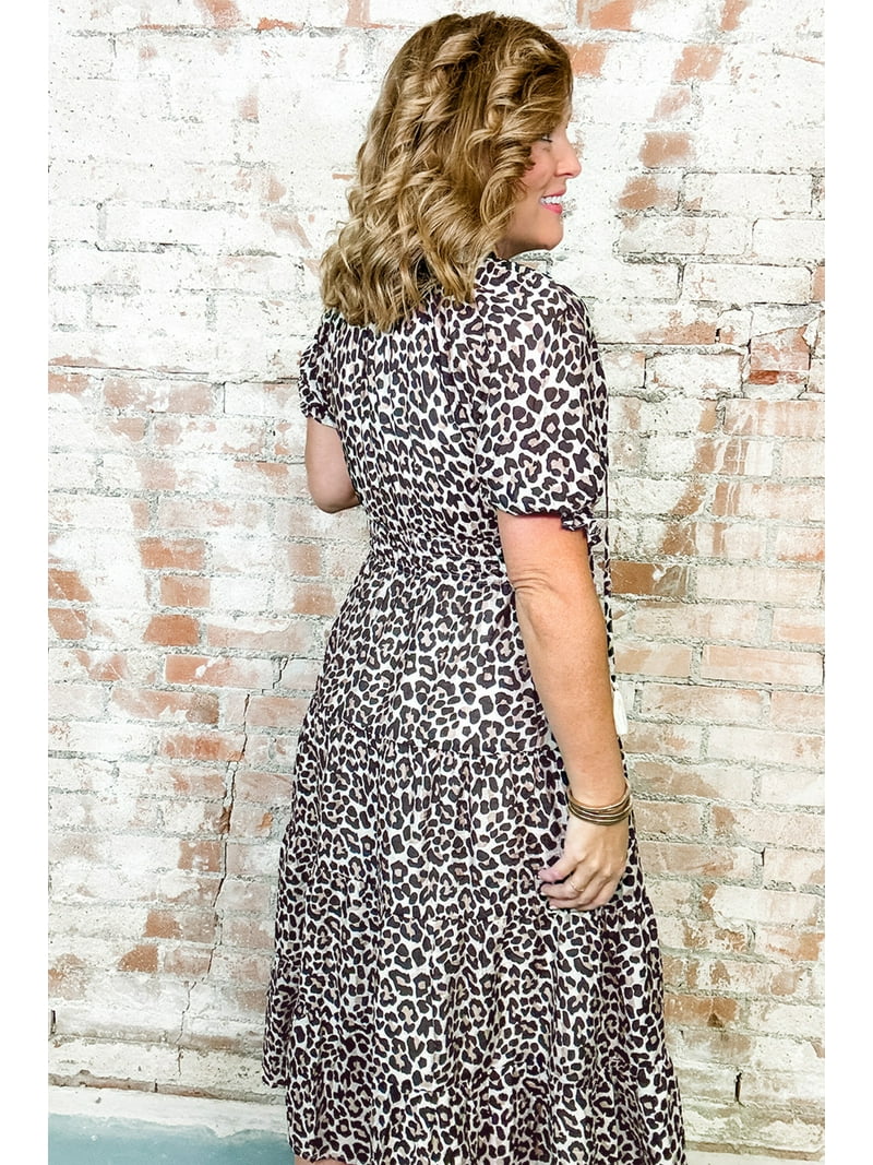 Plus Size Brown Leopard Tassel Tied Neck Short Sleeve Dress for