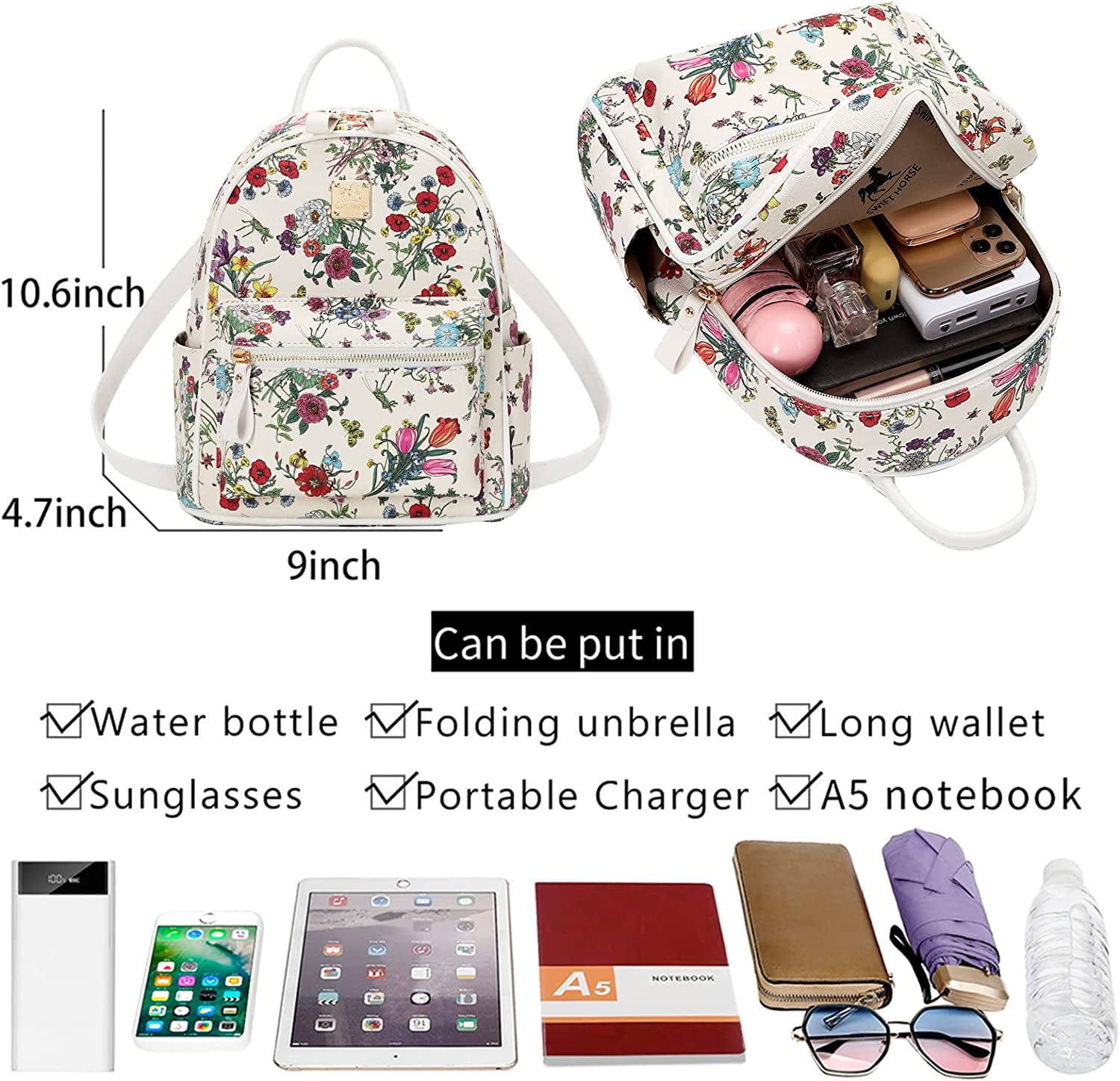 Women Mini Backpack Purse Small Cute Floral Print Faux Leather Teen Girls  Double Strap Shoulder Bag (BlackＡ) 