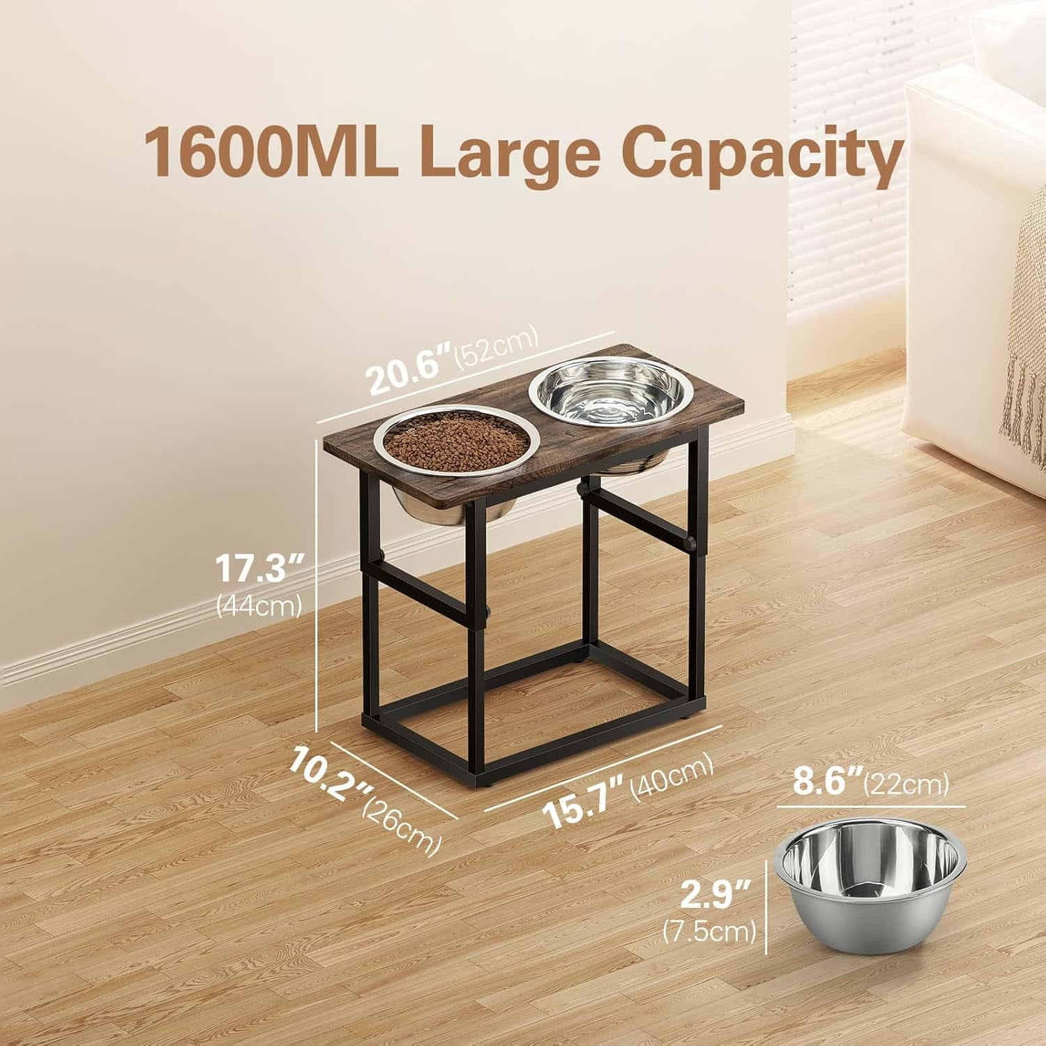 Elevated Dog Bowls for X-Large and Large Breed, 5 Adjustable Heights from 8.2'' - 17.3'', 2 Stainless Steel Bowls, 8.2'',11.8'',13.7'',15.7'',17.3'' Raised Dogs Food Bowl Stand