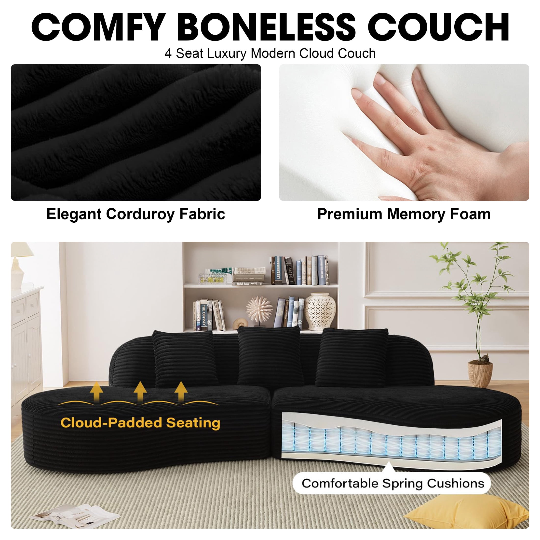 Aukfa 123.2" Oversized Cloud Sectional Sofa – Curved Upholstered Living Room Couch with 3 Pillows, No Assembly, Black