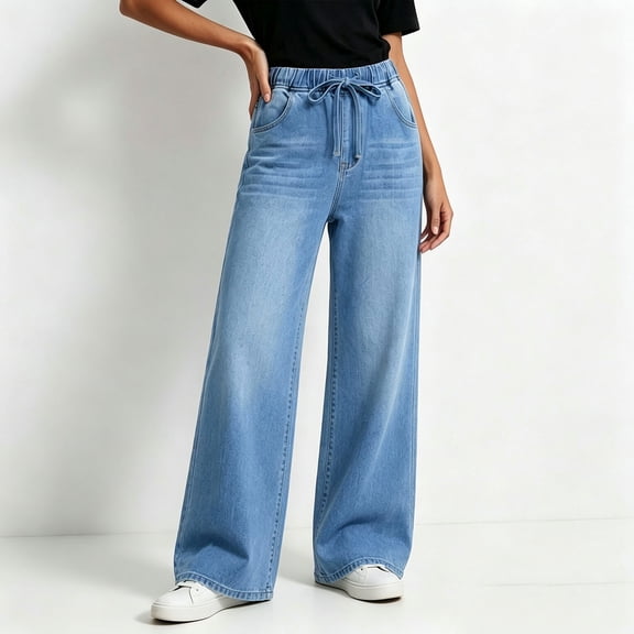 Women's Wide Leg Denim Pants Drawstring Elastic Waist Baggy Jeans Casual Loose Fit Trousers with Pockets Lightweight Lounge Y2K Streetwear Everyday Wear