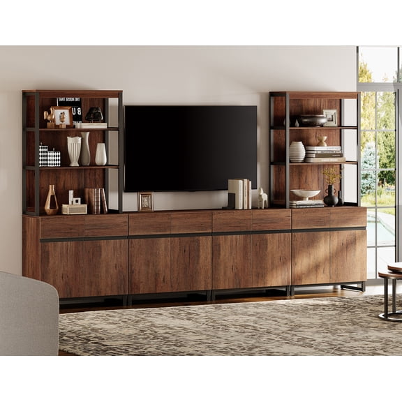 WAMPAT Modern Farmhouse TV Stand with 3-Tier Bookshelf & 4 Large Storage Cabinets, Adjustable Shelf Wooden Media Console with Black Metal Legs Entertainment Center for Living Room