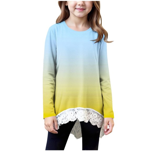 zbxnLI 4-15 Years Girls Cute Blouse Long Sleeve T-Shirt Crew Neck Casual Loose Shirts Little and Big Girls