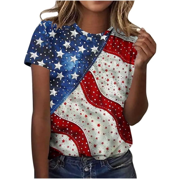 Levmjia Women's 4th of July T-Shirt Patriotic American Flag Stars Glitter Print Short Sleeve Crew Neck Casual Summer Top for Independence Day Holiday