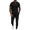 thumbnail image 2 of Traje de ocio para hombre Cuello vuelto Cremallera Pretina Color puro Manga corta Pantalones largos Chándal Negro XL, 2 of 6