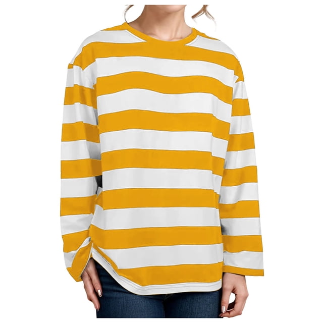 SNKSDGM Chemises à Manches Longues pour Femmes Élégantes Hauts Courts à Manches Longues pour Femmes Grande Taille Automne Hiver Col Rond Chandail à Rayures Chandail Hauts Blouse à Manches Longues m