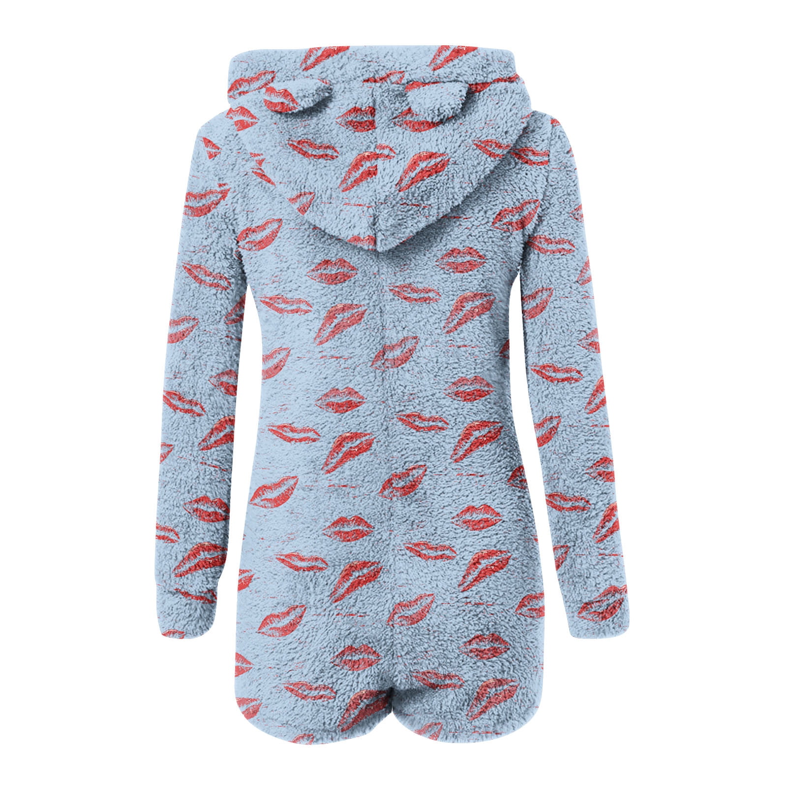 Womens Long Sleeve Onesies Pajamas Fuzzy Zip-Up Hooded Romper Warm Short Playsuit Jumpsuit Fleece Sherpa Sleepwear Light Blue, XL