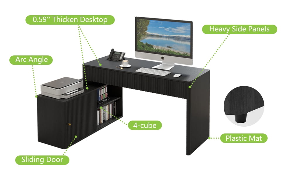 Wirrytor Modern L Shaped Desk with 2 Drawers and 2 Storage Shelves, Corner Computer Desk for Home Office, Space Saving L-Shaped Desk with Sliding Door Cabinet and Printer Stand