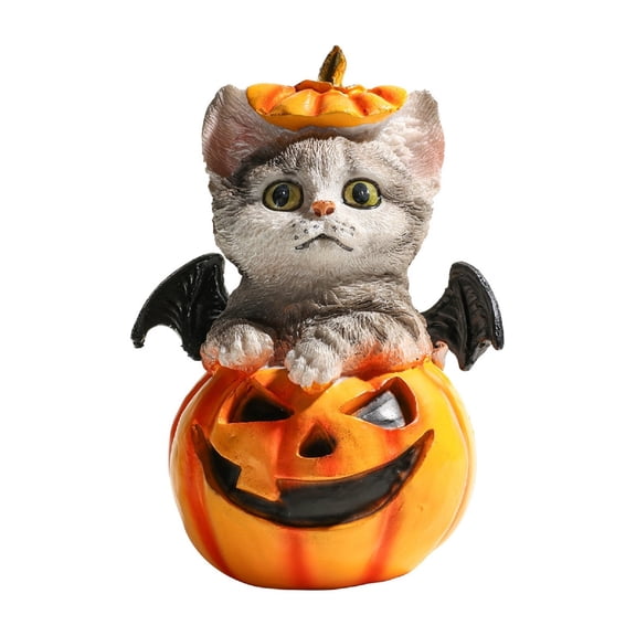 Halloween Pumpkin Kitten Cat Resin Decoration, Adorable Playful Figurine with Pumpkin and Colorful Yarn Ball for Tabletop Shelf Desk Entryway Fall Accent Ornament for Cat Lovers Home Styling