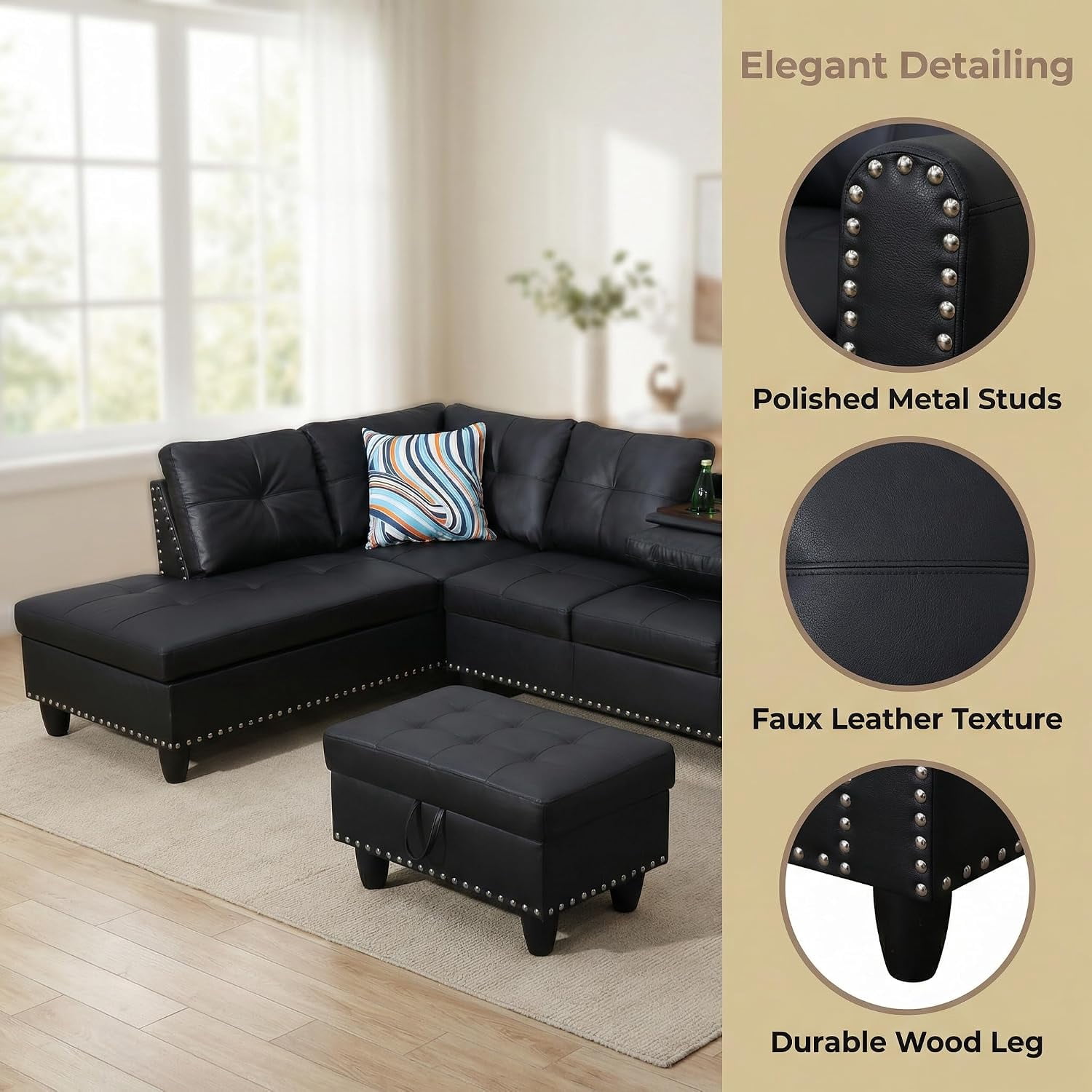 3-Piece L-Shaped Sectional Sofa with Movable Chaise & Storage Ottoman, Faux Leather Living Room Modular Convertible Couches Set for Home Apartment Office, Black