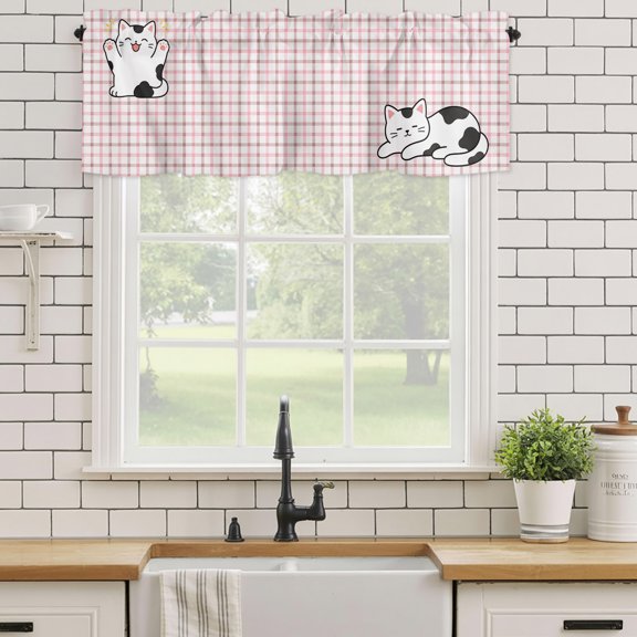 Curtain Valances for Kitchen Windows,Cartoon White Black Cute Kitty Rod Pocket Valances Short Curtains Pink White Plaid Window Treatment for Living Room Bathroom Bedroom Decor,42x12in