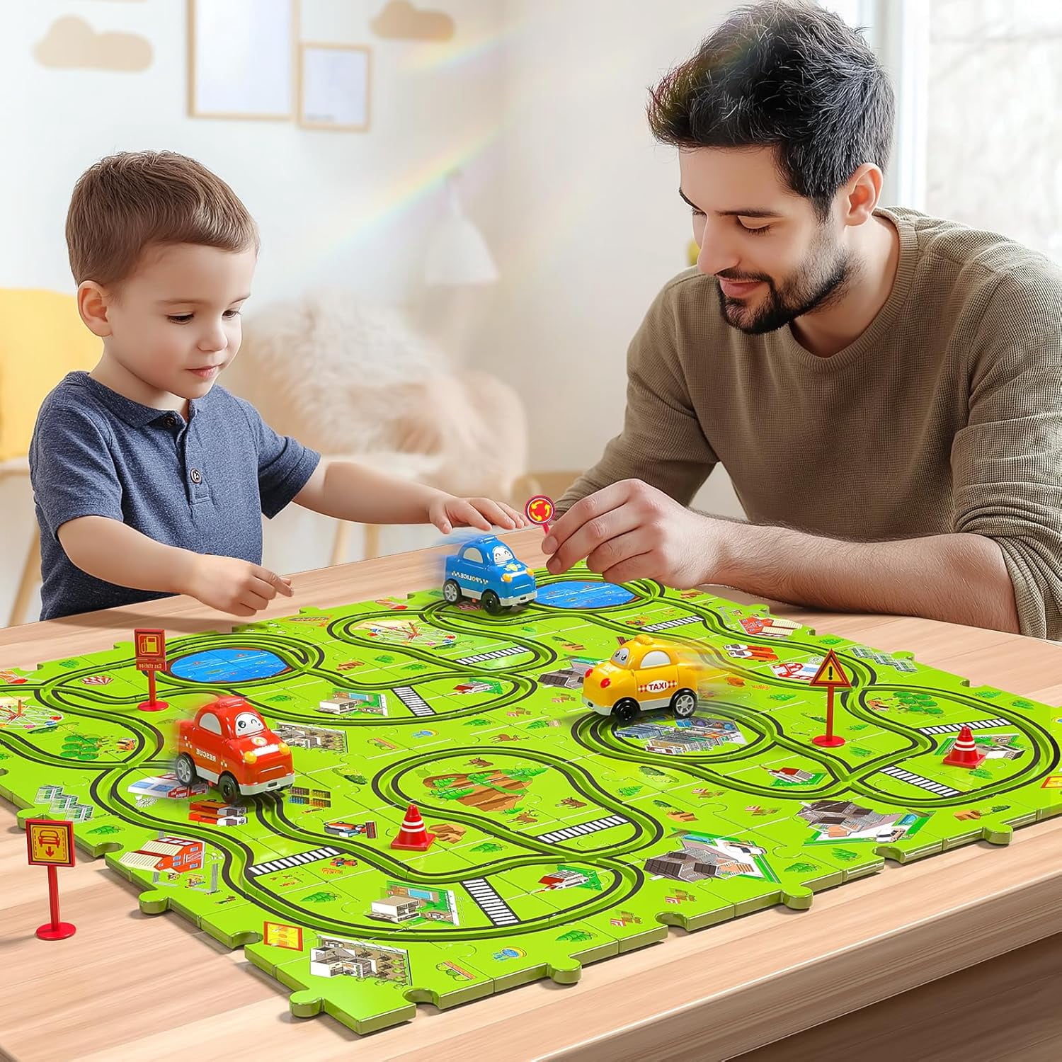 ConeWhale Puzzle Race Track Car Set City-Themed 64 Pieces with 3 Sliding Toy Cars for Ages 3+