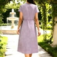 thumbnail image 5 of asdoklhq Summer Dresses Plus Size Dresses Women's Fashion Solid Color Loose Short-Sleeve Dress V-Neck Drawstring Waist Linen Dress Purple XL, 5 of 8