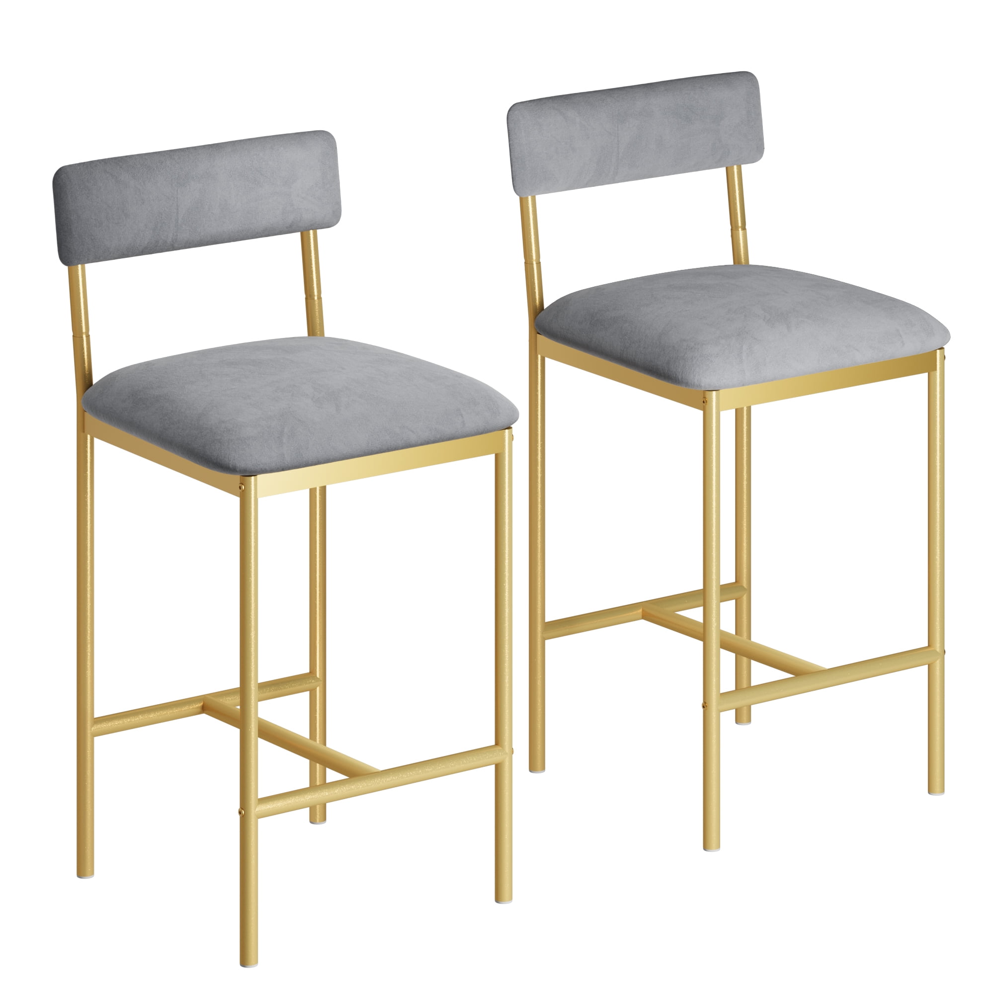 Bar Stools Set of 2, Upholstered Height Bar Stools with Backrest and Footrest, Kitchen Barstools for Island, Counter Bar, Easy Assembly, Gold + Velvet Gray
