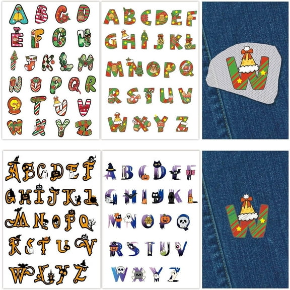 104Pcs A-Z Letters Water Soluble Embroidery Patterns Christmas Initial Alphabet Sewing Stick and Stitch A4 Transfers Fabric Stabilizers Wash Away Self Adhesive for Cloth DIY Lover