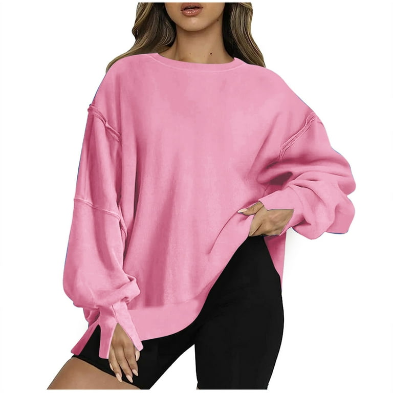 OFLALW Womens Oversized Crewneck Sweatshirts Side Slit Long Sleeve Slouchy  Fit Sweatshirts for Teen Girls Essentials Hoodless Sweatshirts