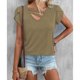 thumbnail image 4 of Mujer Verano Manga Corta Cuello En V Suelto Estilo Casual Color Puro Manga Pétalo Top para Citas Viajar Compras Caqui XL, 4 of 6