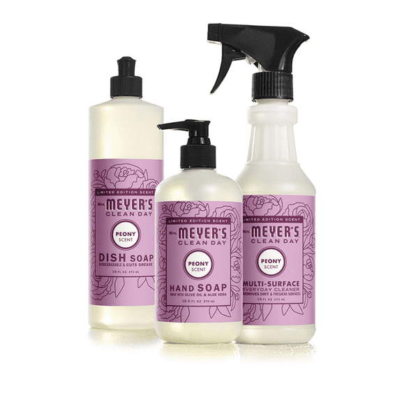 Mrs. Meyer's Peony Kitchen Set, Dish Soap, Hand Soap, and Multi-Surface Cleaner, Peony, 1 CT
