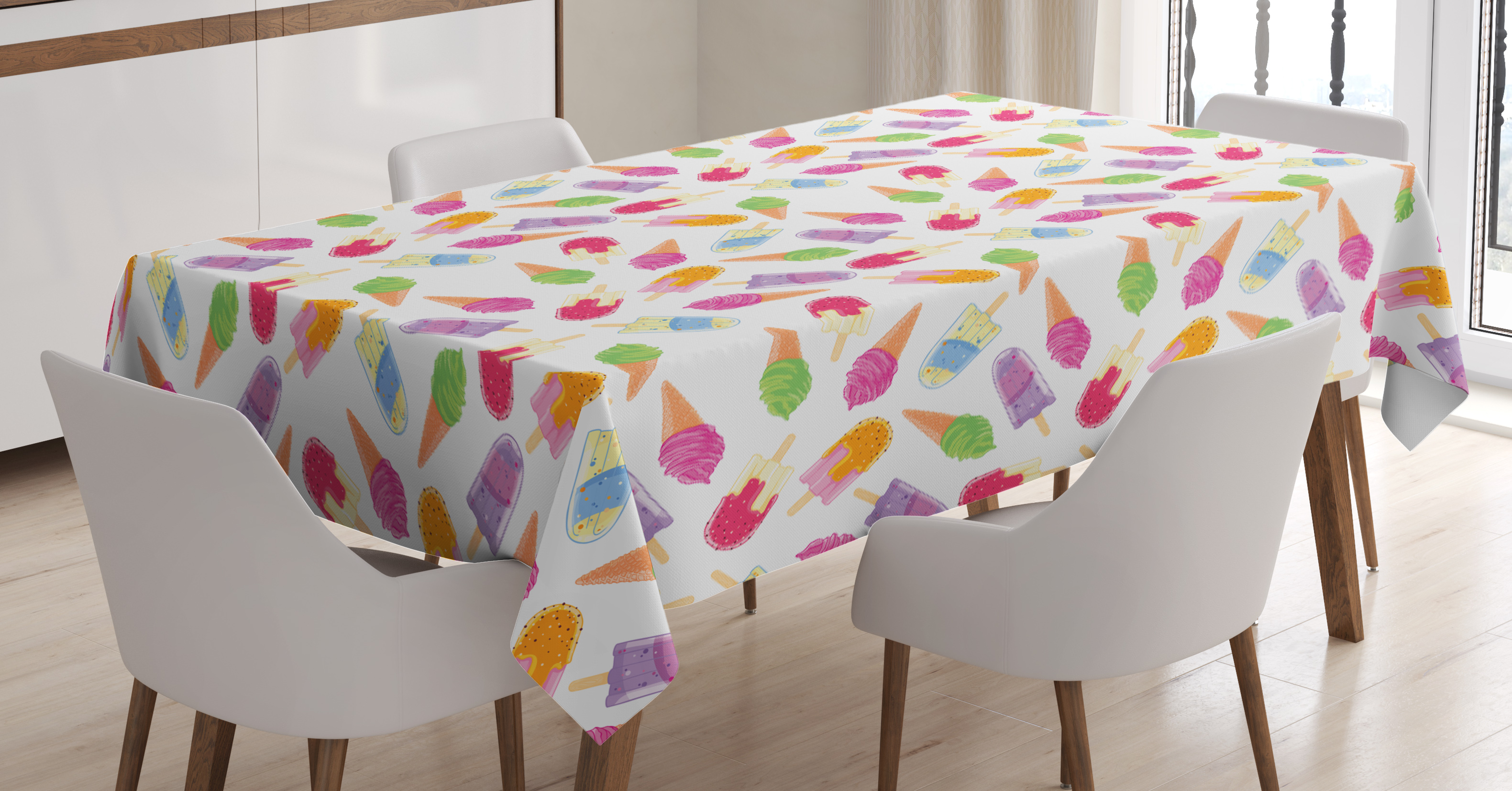 Ice Cream Tablecloth, Cartoon Style Cones with Vibrant Colored Creamy