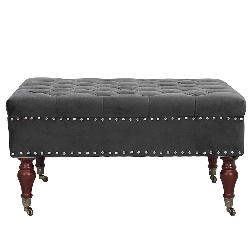 Abble 34in Square Dark Gray Tufted Upholstered Indoor Cocktail Ottoman Living Room Coffee Table with Wheels
